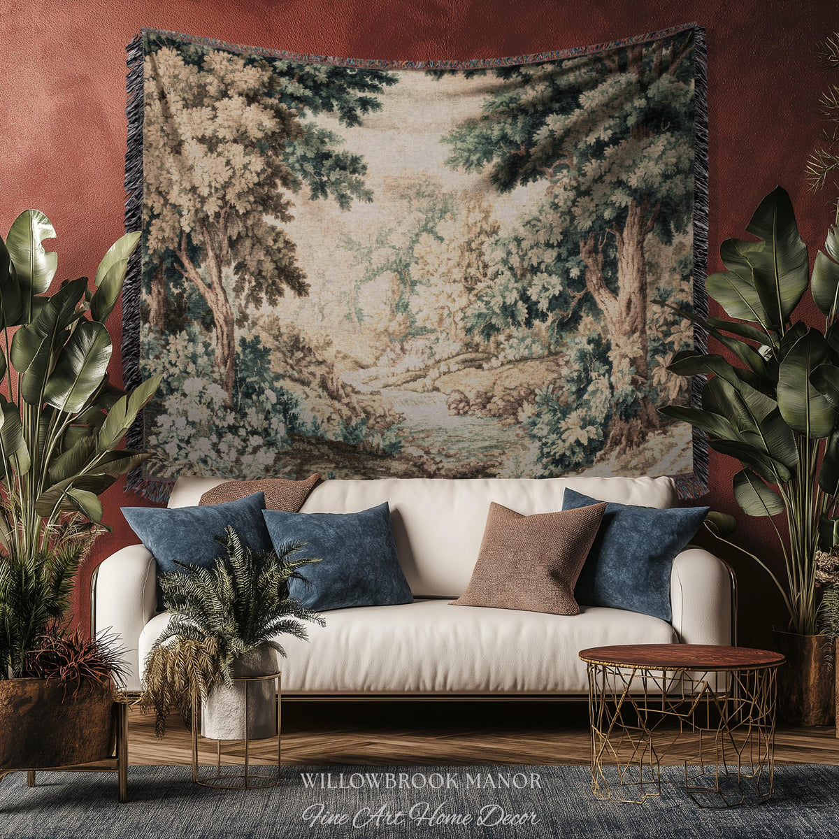 English Woodland Foggy Forest Woven Fringe Blanket Misty River Tapestry | European Wall Art Nature Scene Romantic Cottage Jacquard Throw