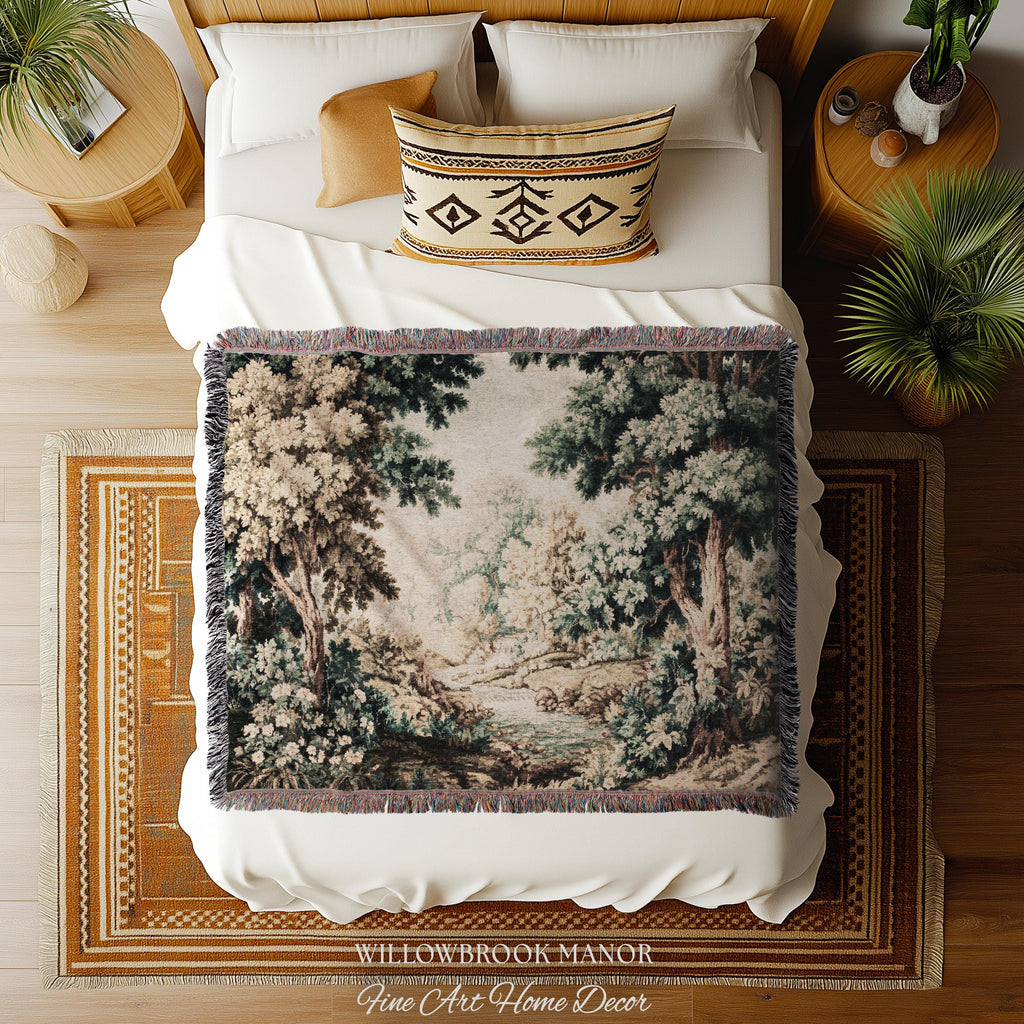 English Woodland Foggy Forest Woven Fringe Blanket Misty River Tapestry | European Wall Art Nature Scene Romantic Cottage Jacquard Throw
