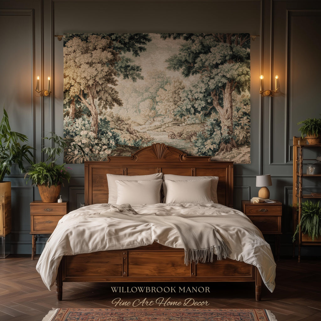 English Woodland Foggy Forest Woven Fringe Blanket Misty River Tapestry | European Wall Art Nature Scene Romantic Cottage Jacquard Throw