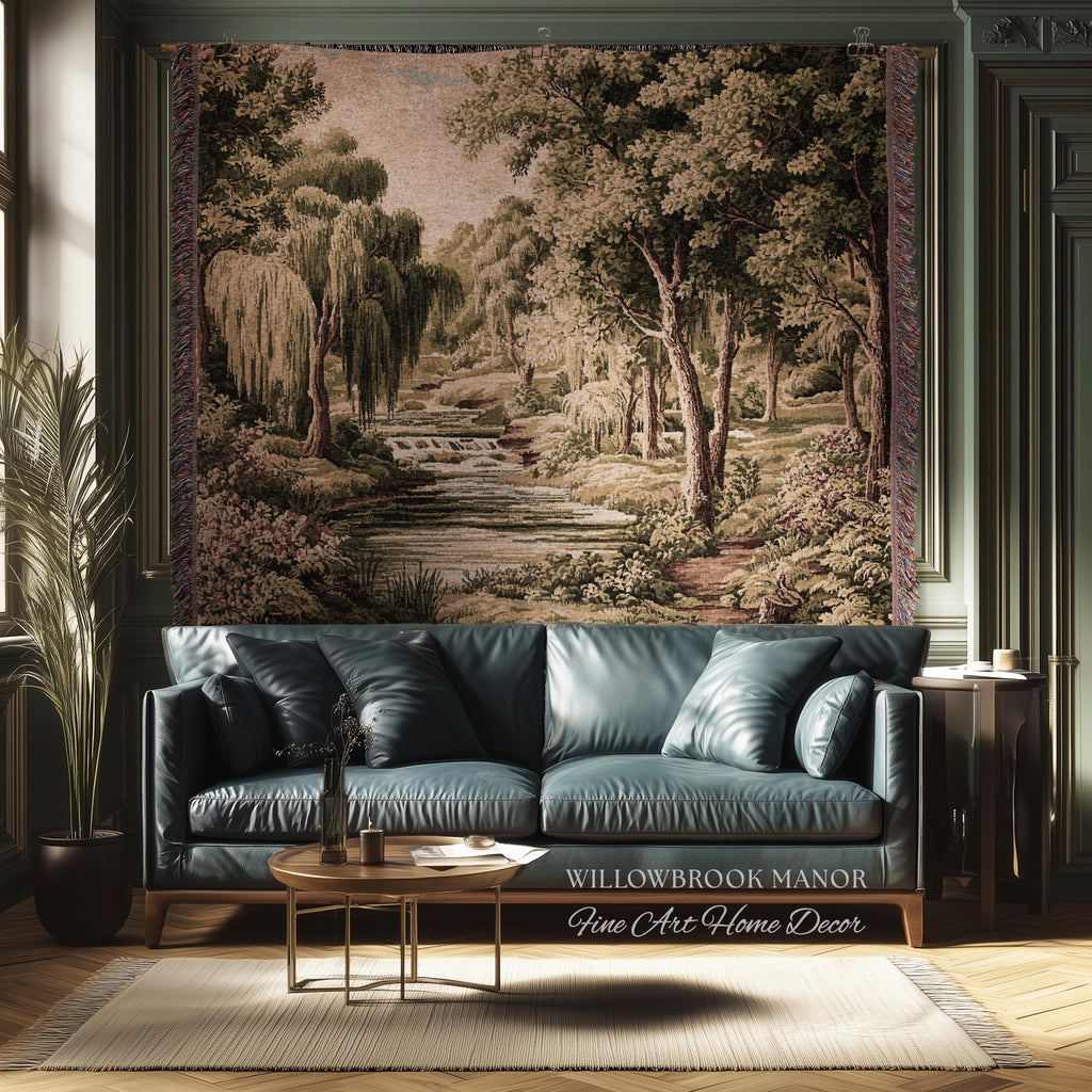 Tranquil Landscape Pastoral French Country Style Weeping Willow River Verdure Wall Decor | Serene Countryside European Tapestry Woven Throw