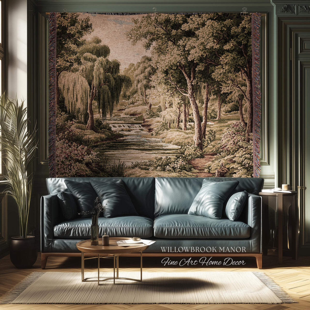 Tranquil Landscape Pastoral French Country Style Weeping Willow River Verdure Wall Decor | Serene Countryside European Tapestry Woven Throw