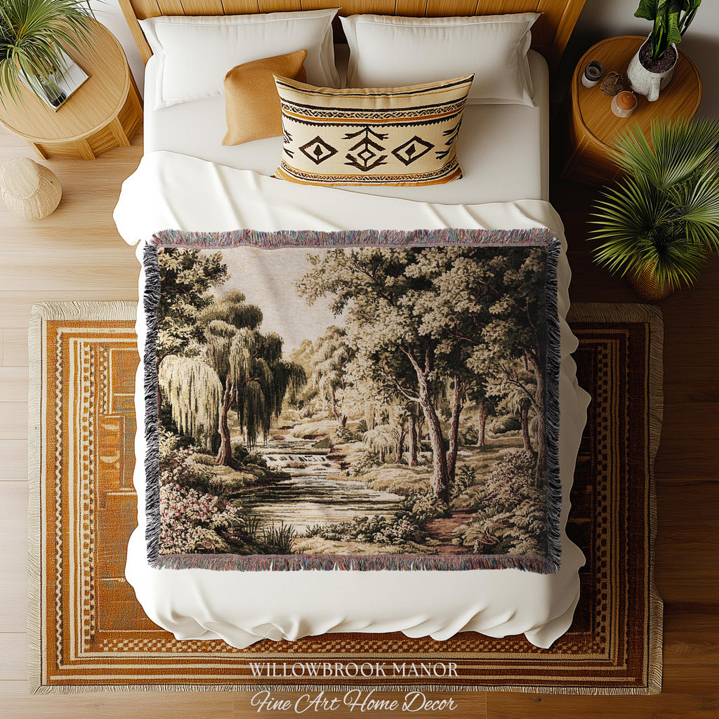 Tranquil Landscape Pastoral French Country Style Weeping Willow River Verdure Wall Decor | Serene Countryside European Tapestry Woven Throw