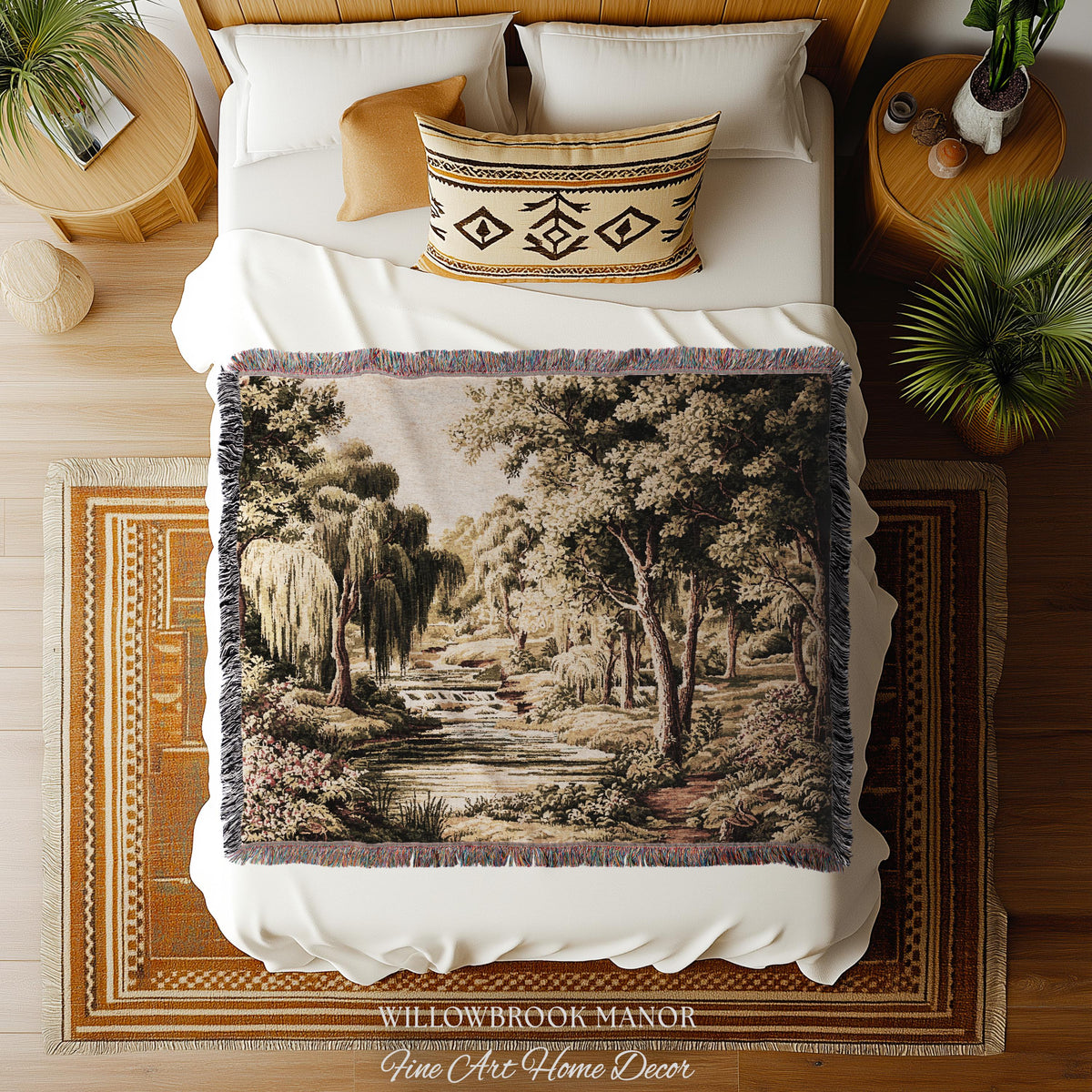 Tranquil Landscape Pastoral French Country Style Weeping Willow River Verdure Wall Decor | Serene Countryside European Tapestry Woven Throw