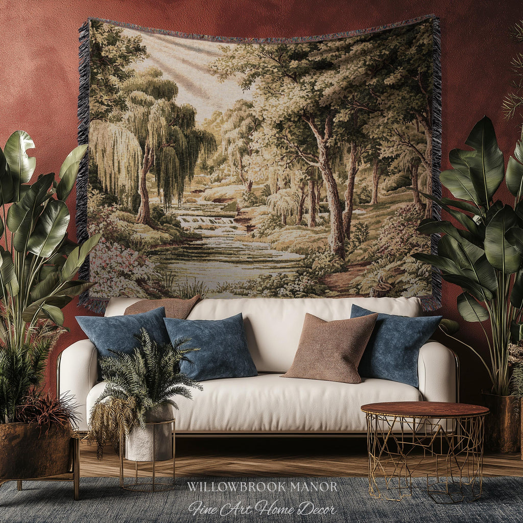 Tranquil Landscape Pastoral French Country Style Weeping Willow River Verdure Wall Decor | Serene Countryside European Tapestry Woven Throw