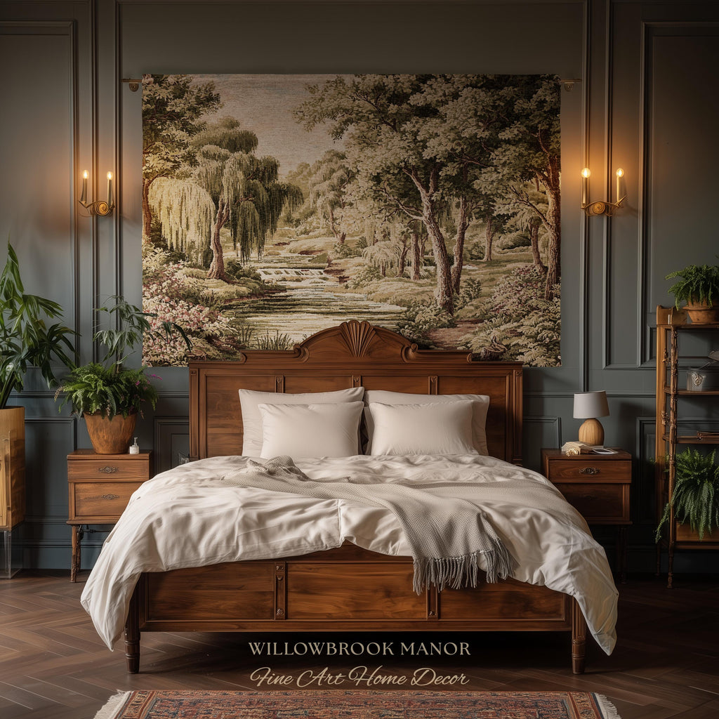 Tranquil Landscape Pastoral French Country Style Weeping Willow River Verdure Wall Decor | Serene Countryside European Tapestry Woven Throw