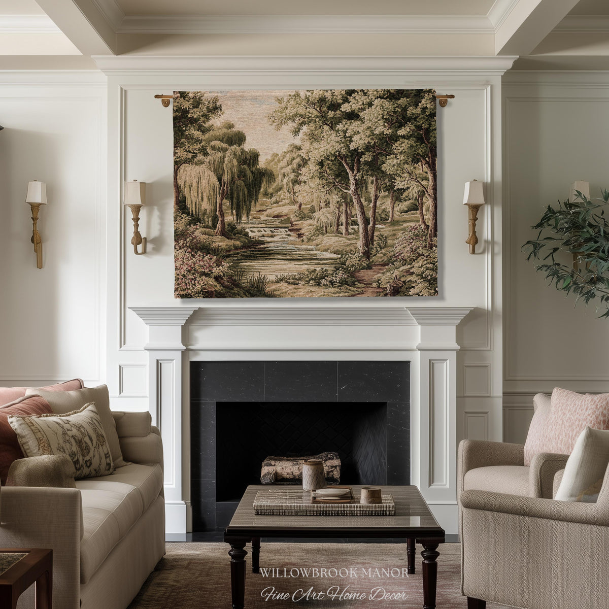 Tranquil Landscape Pastoral French Country Style Weeping Willow River Verdure Wall Decor | Serene Countryside European Tapestry Woven Throw
