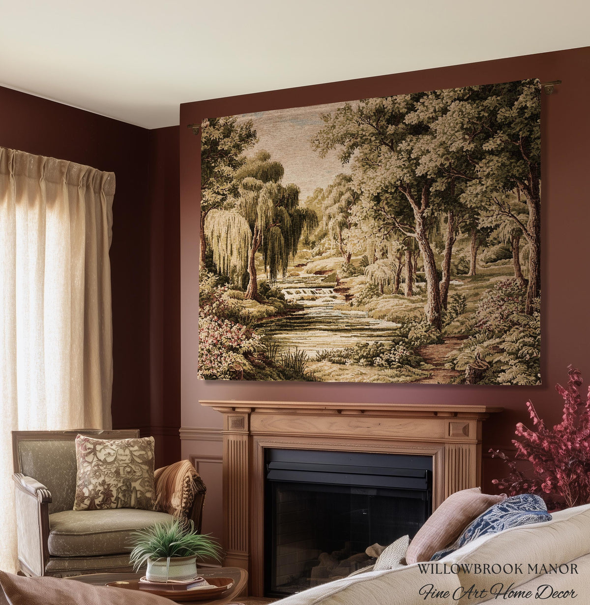 Tranquil Landscape Pastoral French Country Style Weeping Willow River Verdure Wall Decor | Serene Countryside European Tapestry Woven Throw