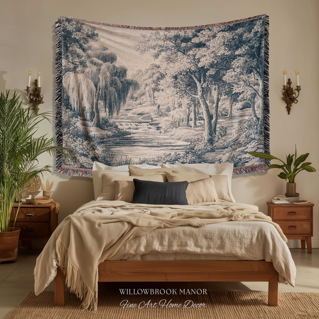 Refined European Willow Landscape Art | Traditional Verdure French Toile Style Jacquard Woven Blanket Heritage Wall Hanging Indigo Tapestry