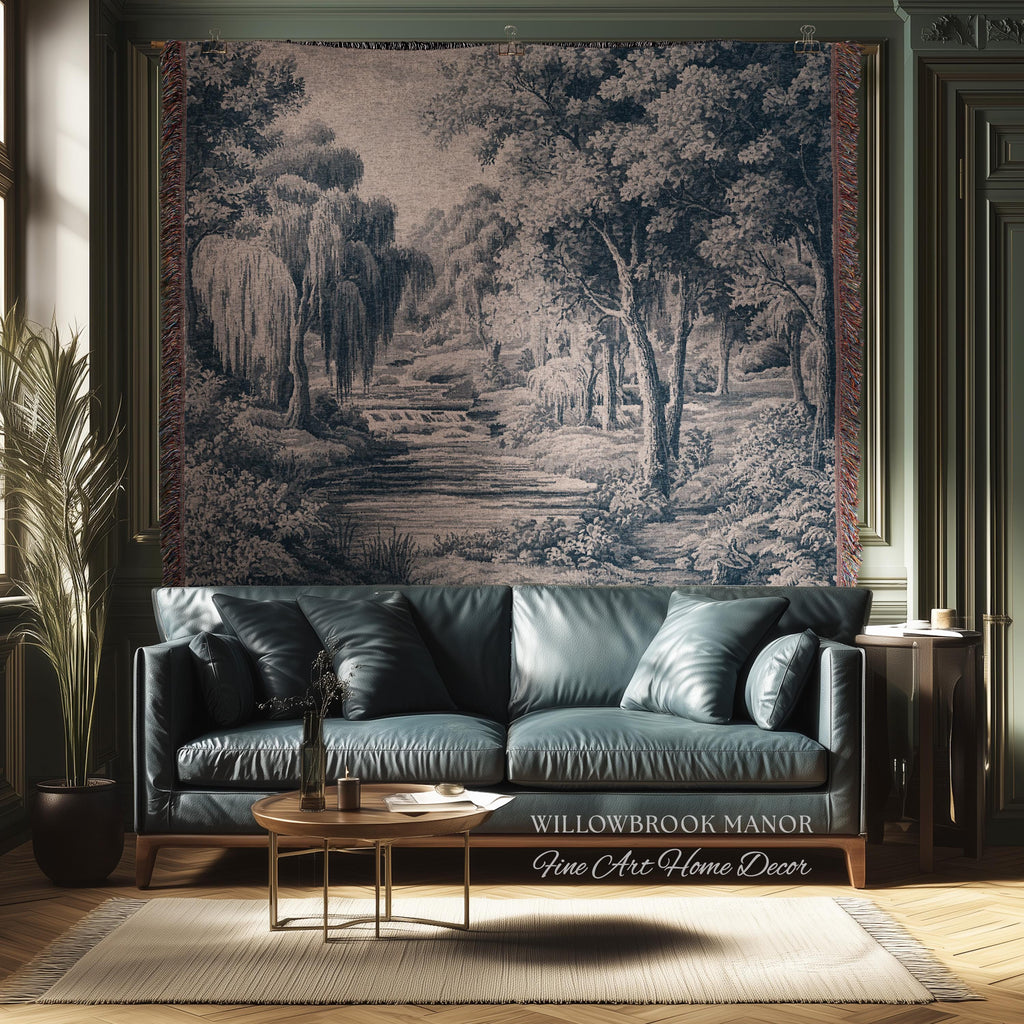 Refined European Willow Landscape Art | Traditional Verdure French Toile Style Jacquard Woven Blanket Heritage Wall Hanging Indigo Tapestry