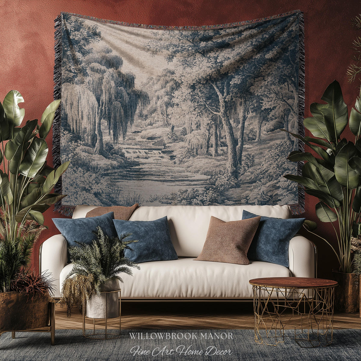 Refined European Willow Landscape Art | Traditional Verdure French Toile Style Jacquard Woven Blanket Heritage Wall Hanging Indigo Tapestry