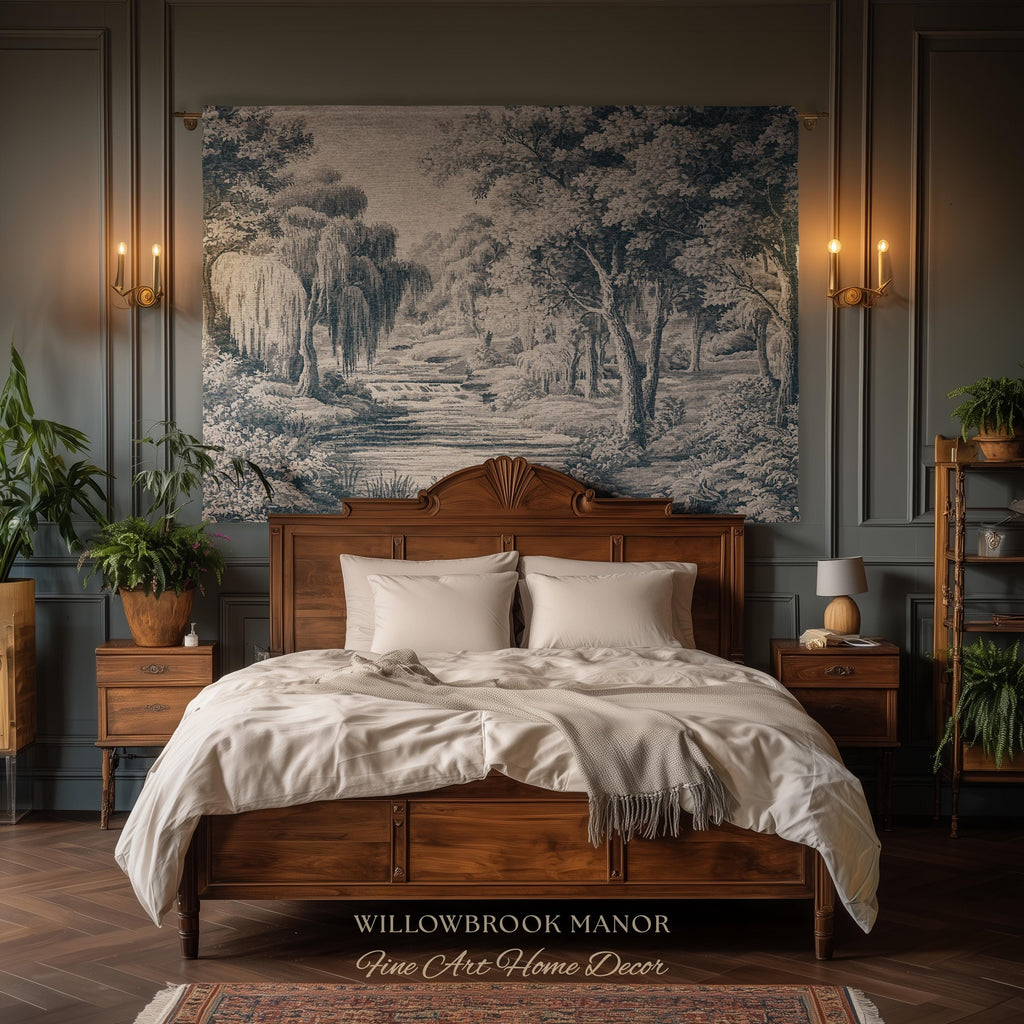 Refined European Willow Landscape Art | Traditional Verdure French Toile Style Jacquard Woven Blanket Heritage Wall Hanging Indigo Tapestry