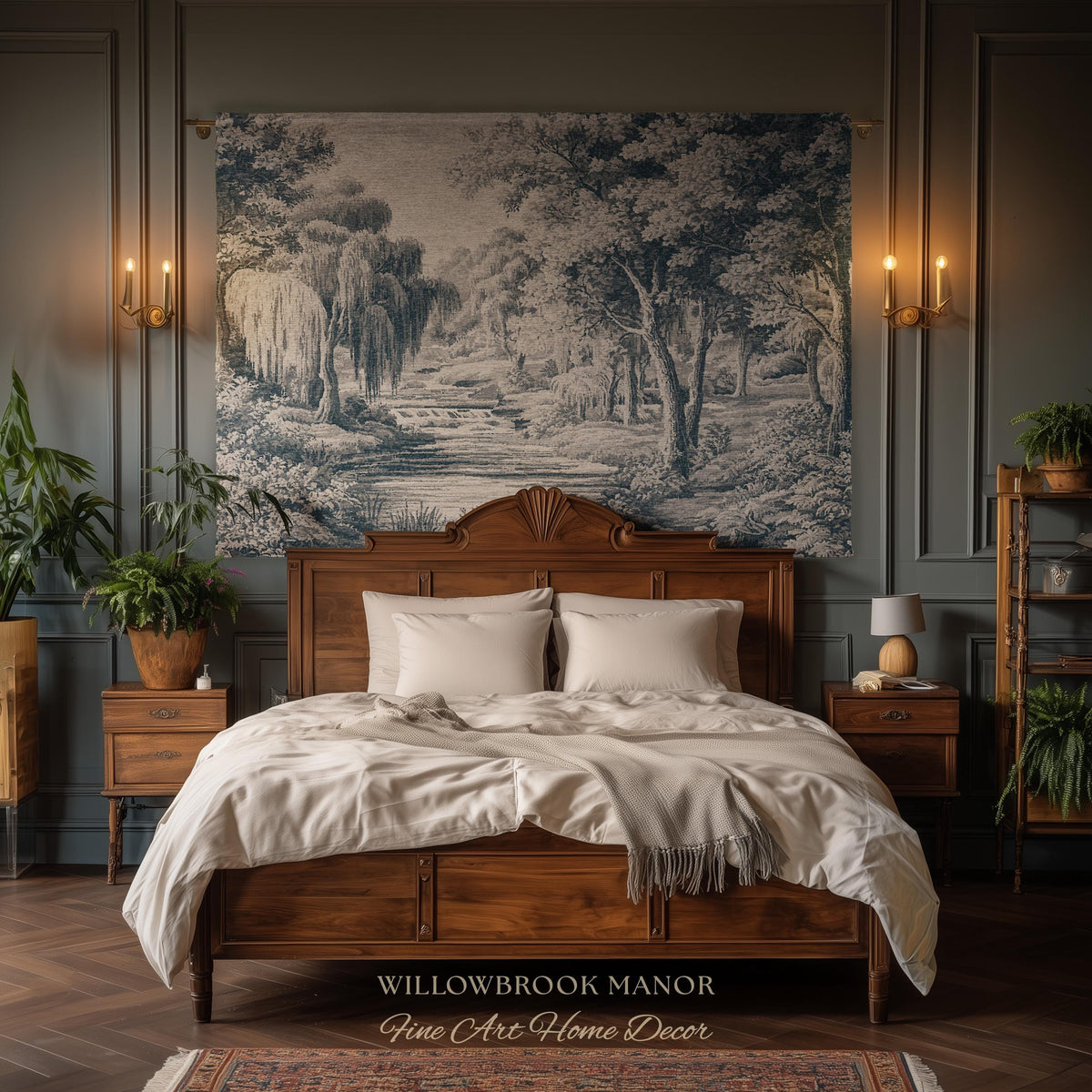 Refined European Willow Landscape Art | Traditional Verdure French Toile Style Jacquard Woven Blanket Heritage Wall Hanging Indigo Tapestry