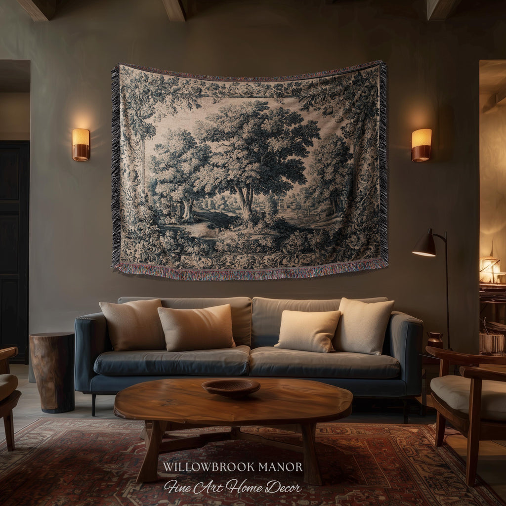 Muted Blue Verdure Woodland Forest Woven Wall Hanging | 17th Century French Country Decor Elegant Nature Art Tree Tapestry Old World Style