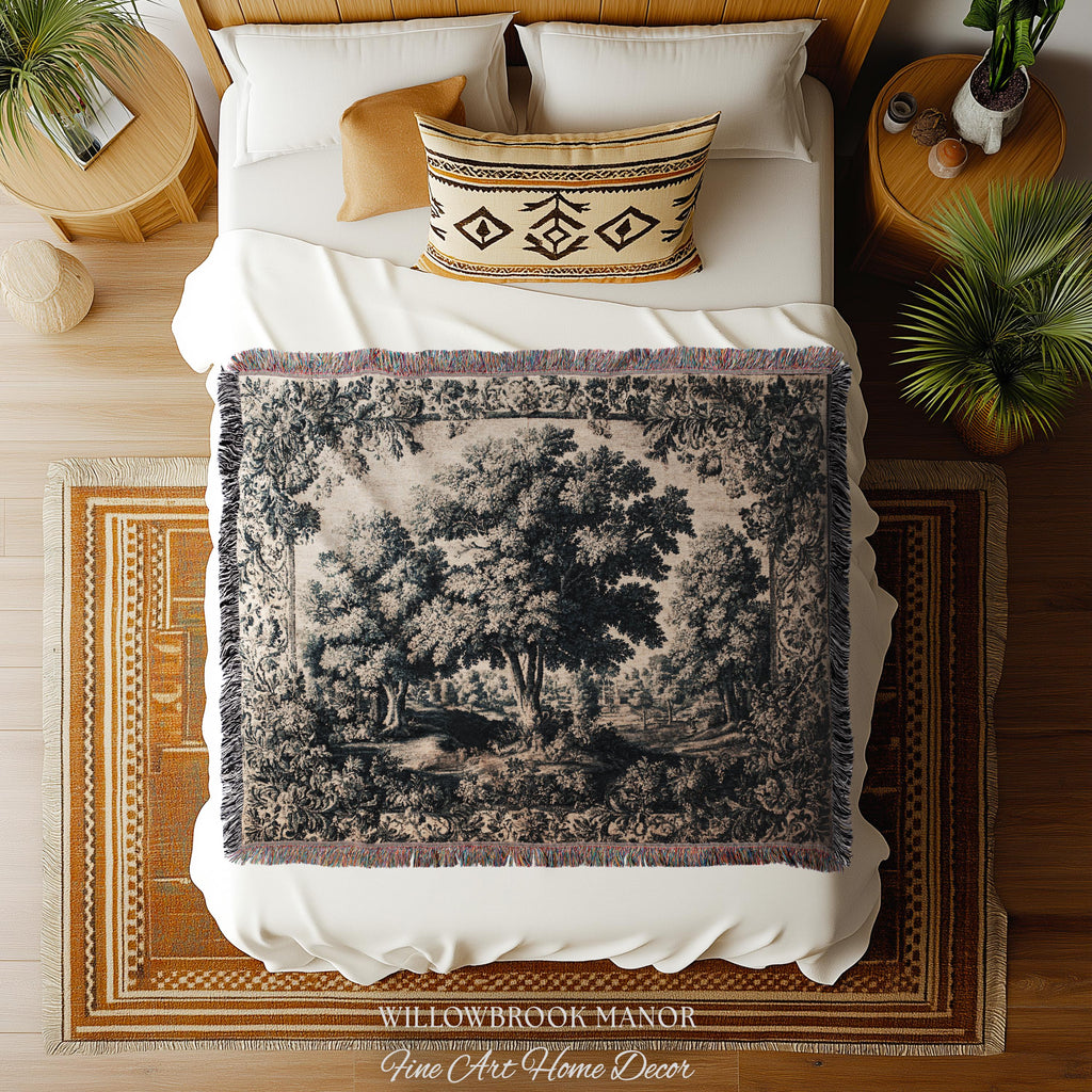 Muted Blue Verdure Woodland Forest Woven Wall Hanging | 17th Century French Country Decor Elegant Nature Art Tree Tapestry Old World Style