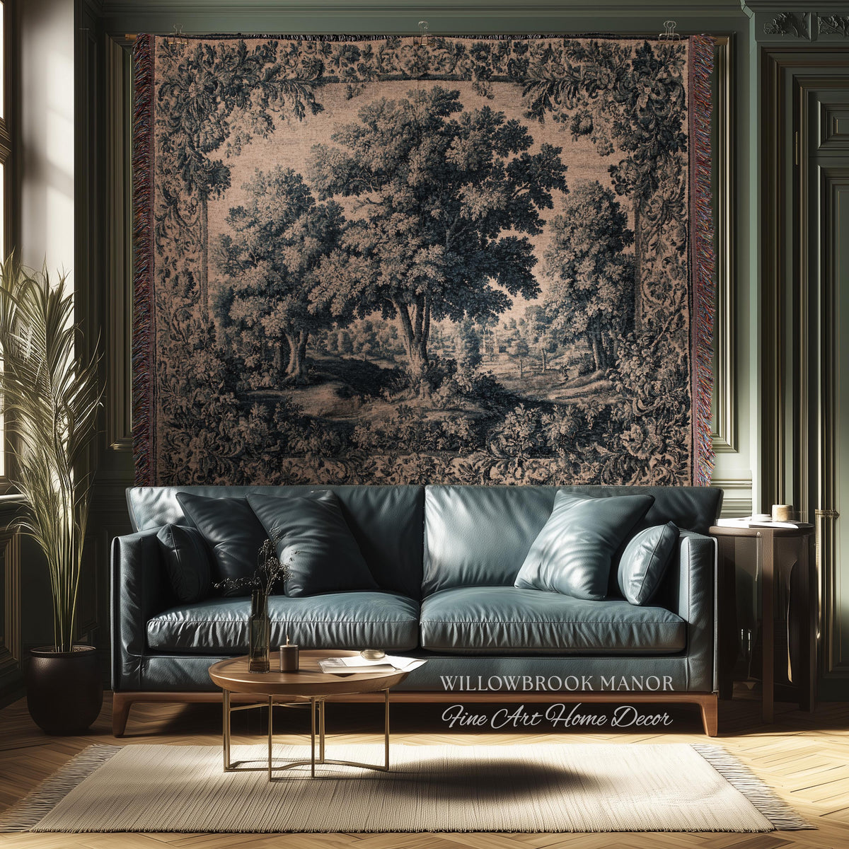Muted Blue Verdure Woodland Forest Woven Wall Hanging | 17th Century French Country Decor Elegant Nature Art Tree Tapestry Old World Style
