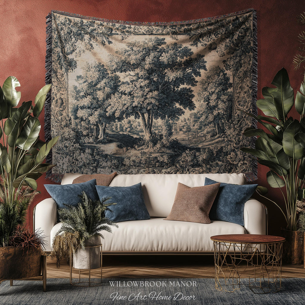 Muted Blue Verdure Woodland Forest Woven Wall Hanging | 17th Century French Country Decor Elegant Nature Art Tree Tapestry Old World Style