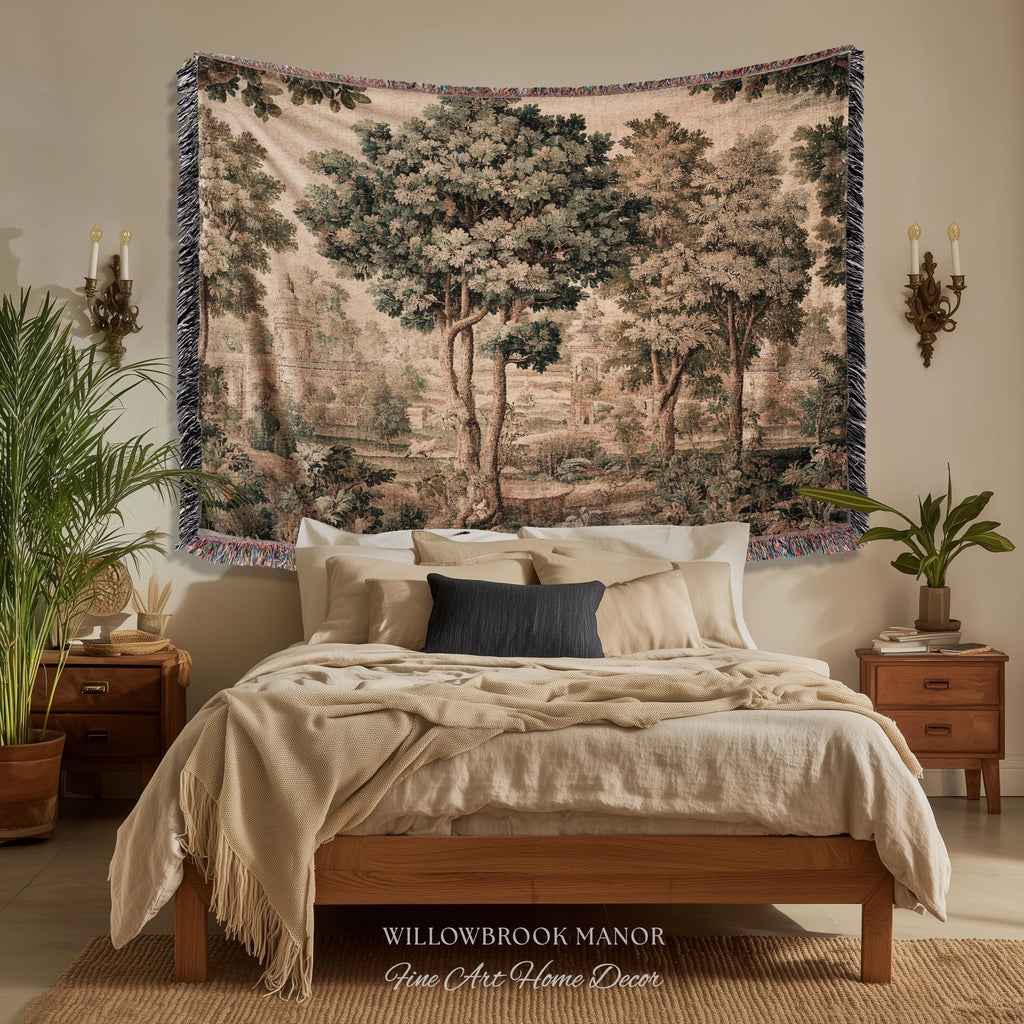 Scenic Countryside Manor English Garden Art Woven Tapestry | Estate Landscape Woodland Charm Old World European Pastoral Heritage Textile