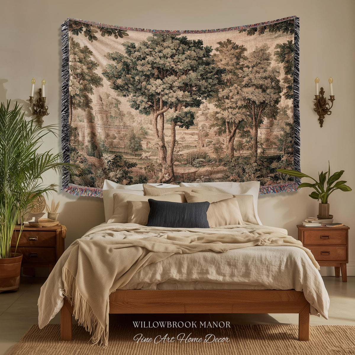 Scenic Countryside Manor English Garden Art Woven Tapestry | Estate Landscape Woodland Charm Old World European Pastoral Heritage Textile
