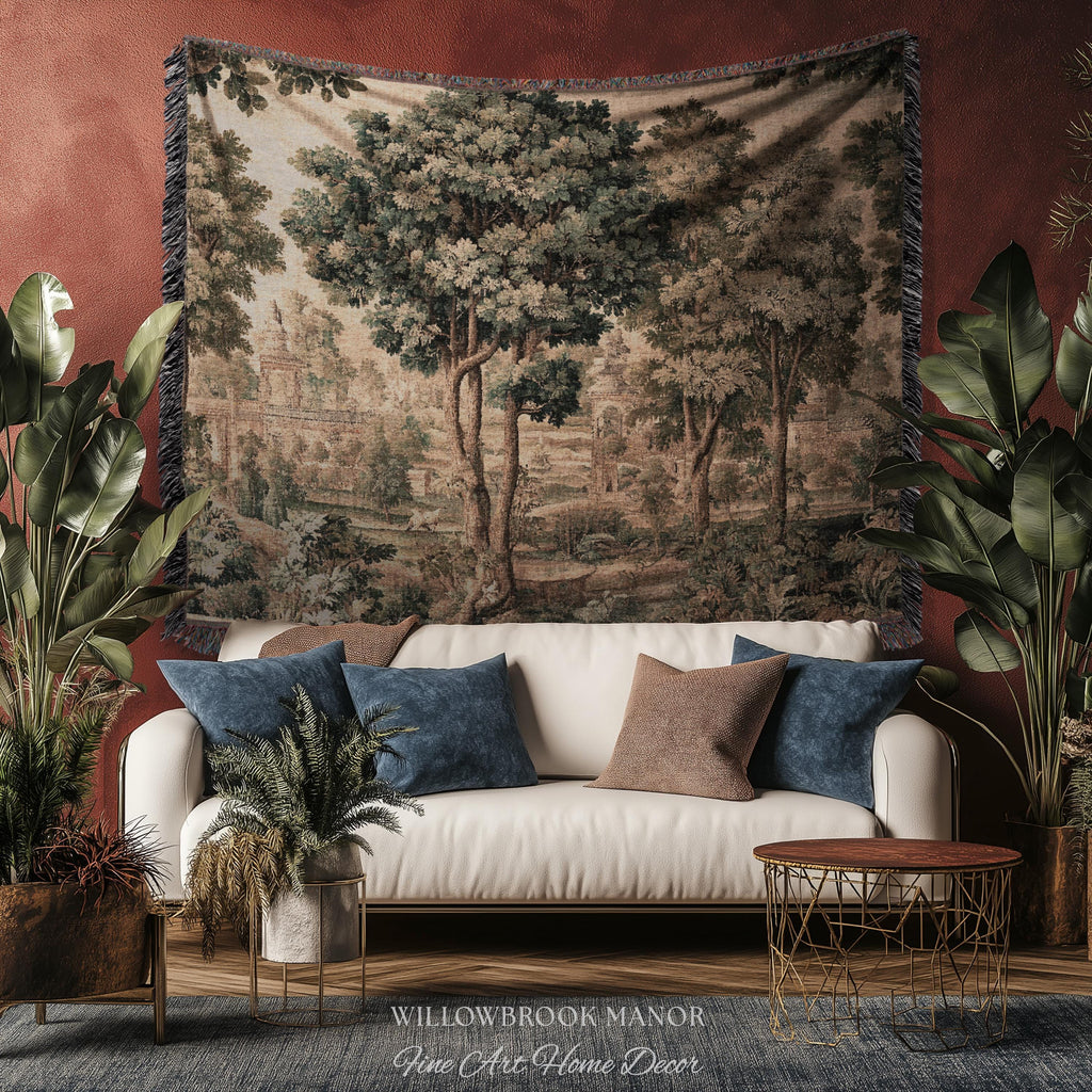 Scenic Countryside Manor English Garden Art Woven Tapestry | Estate Landscape Woodland Charm Old World European Pastoral Heritage Textile