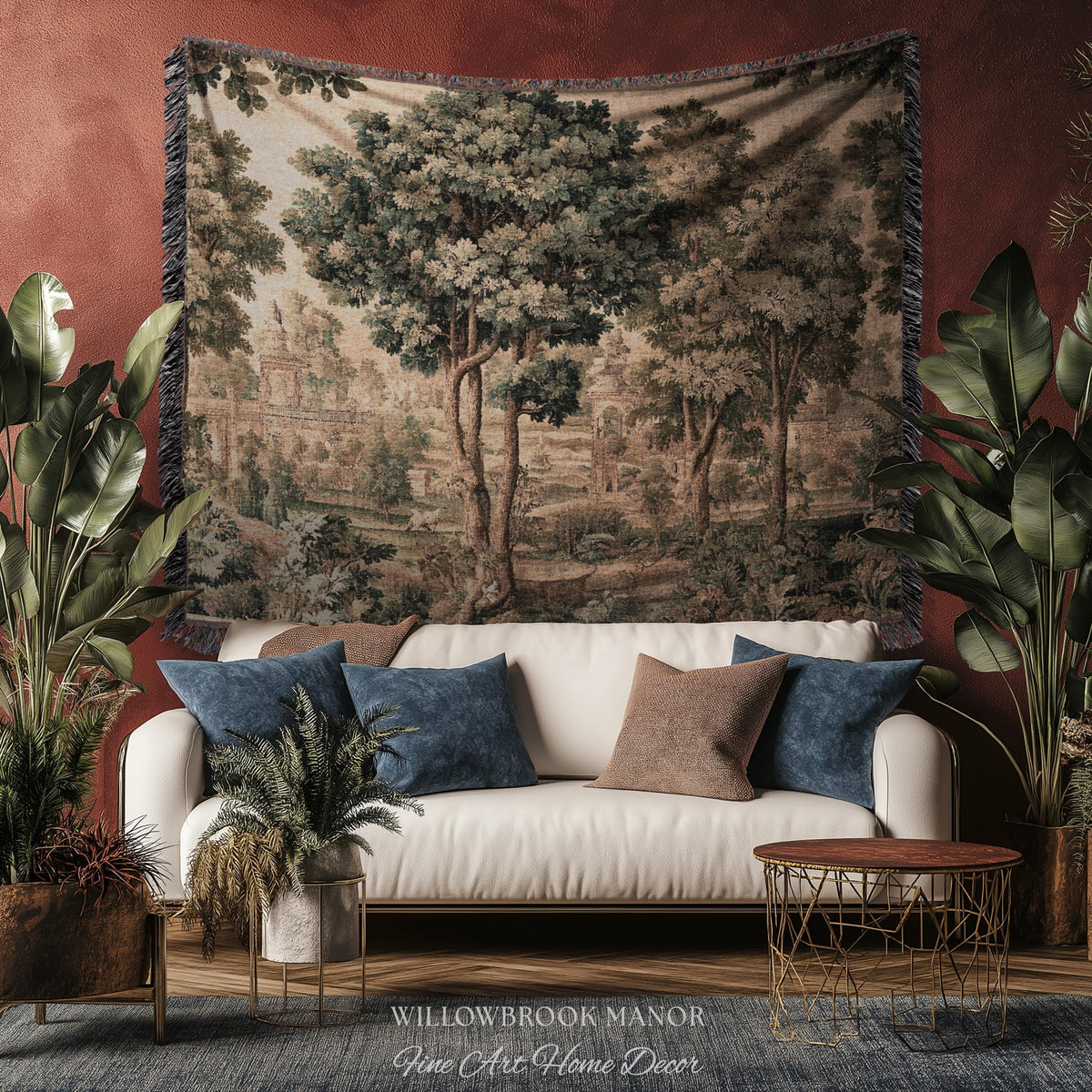 Scenic Countryside Manor English Garden Art Woven Tapestry | Estate Landscape Woodland Charm Old World European Pastoral Heritage Textile