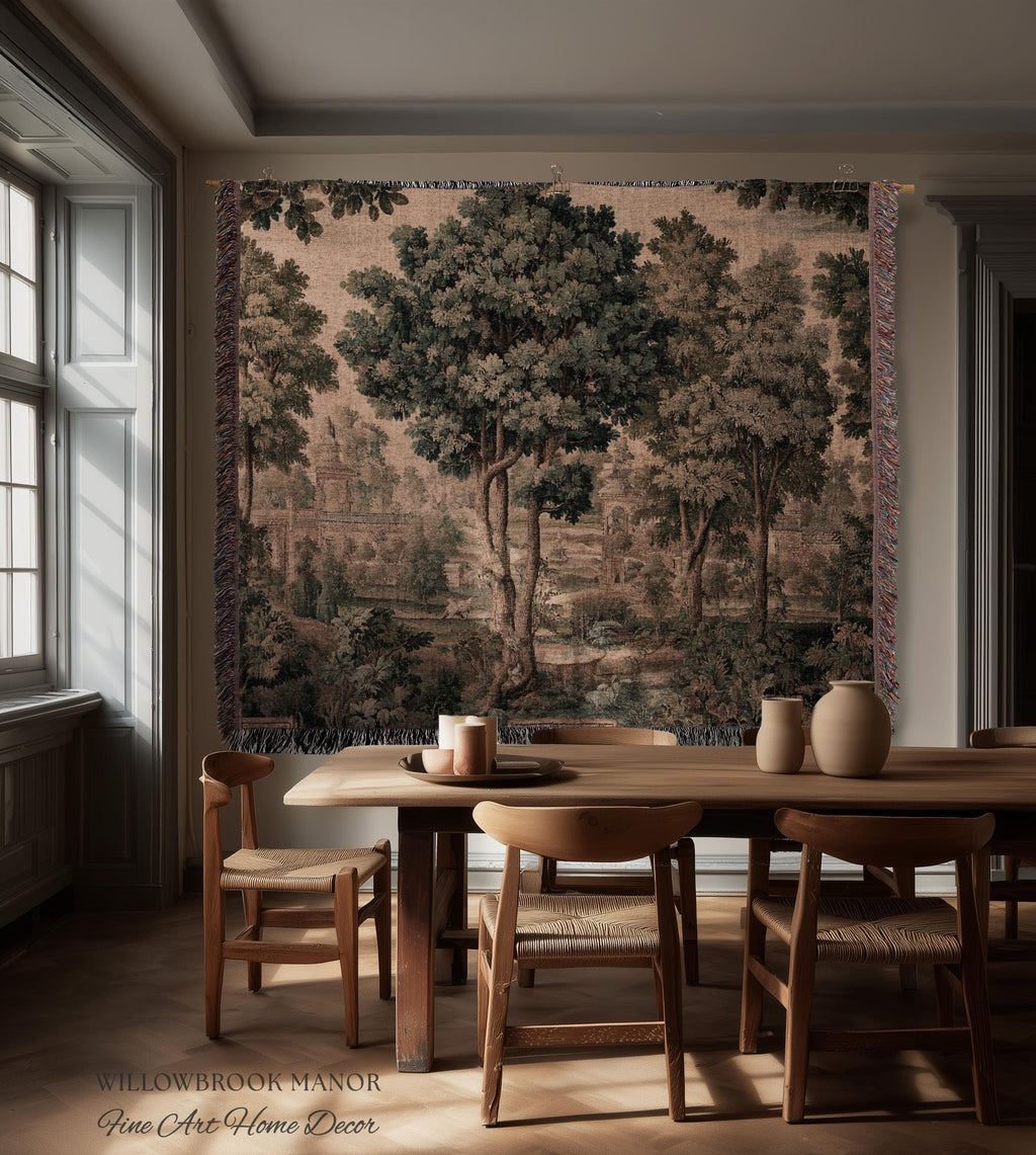 Scenic Countryside Manor English Garden Art Woven Tapestry | Estate Landscape Woodland Charm Old World European Pastoral Heritage Textile