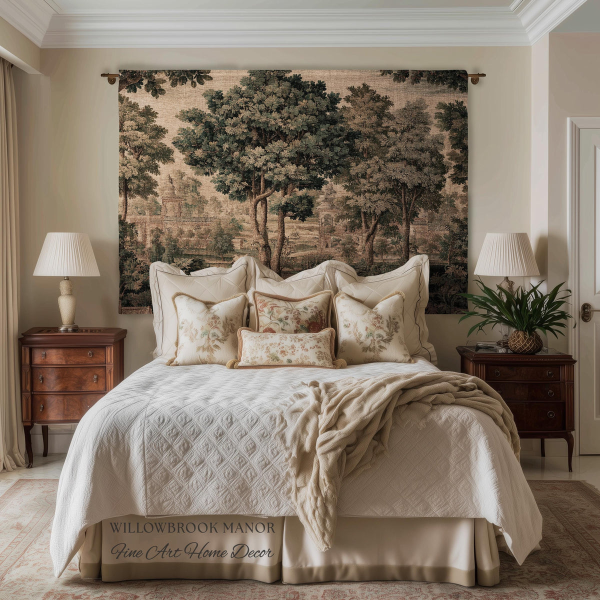 Scenic Countryside Manor English Garden Art Woven Tapestry | Estate Landscape Woodland Charm Old World European Pastoral Heritage Textile