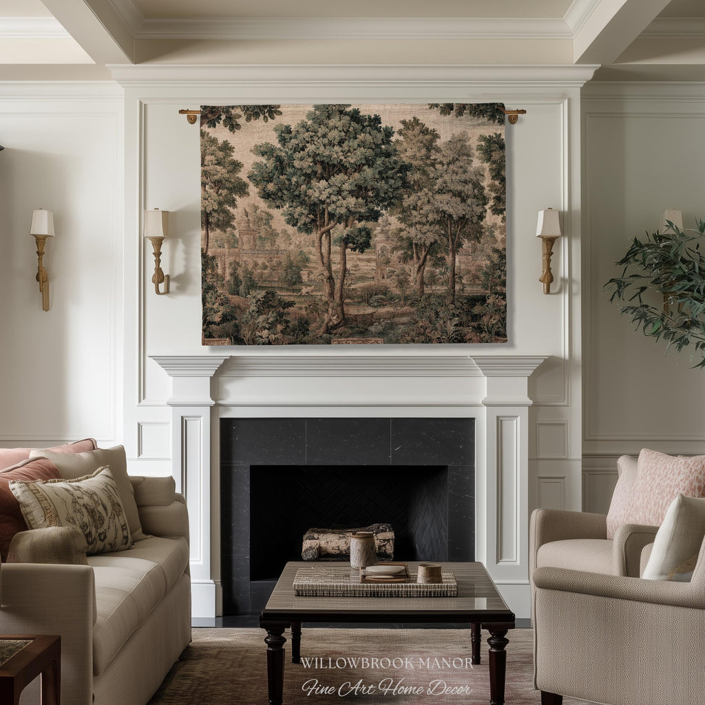 Scenic Countryside Manor English Garden Art Woven Tapestry | Estate Landscape Woodland Charm Old World European Pastoral Heritage Textile