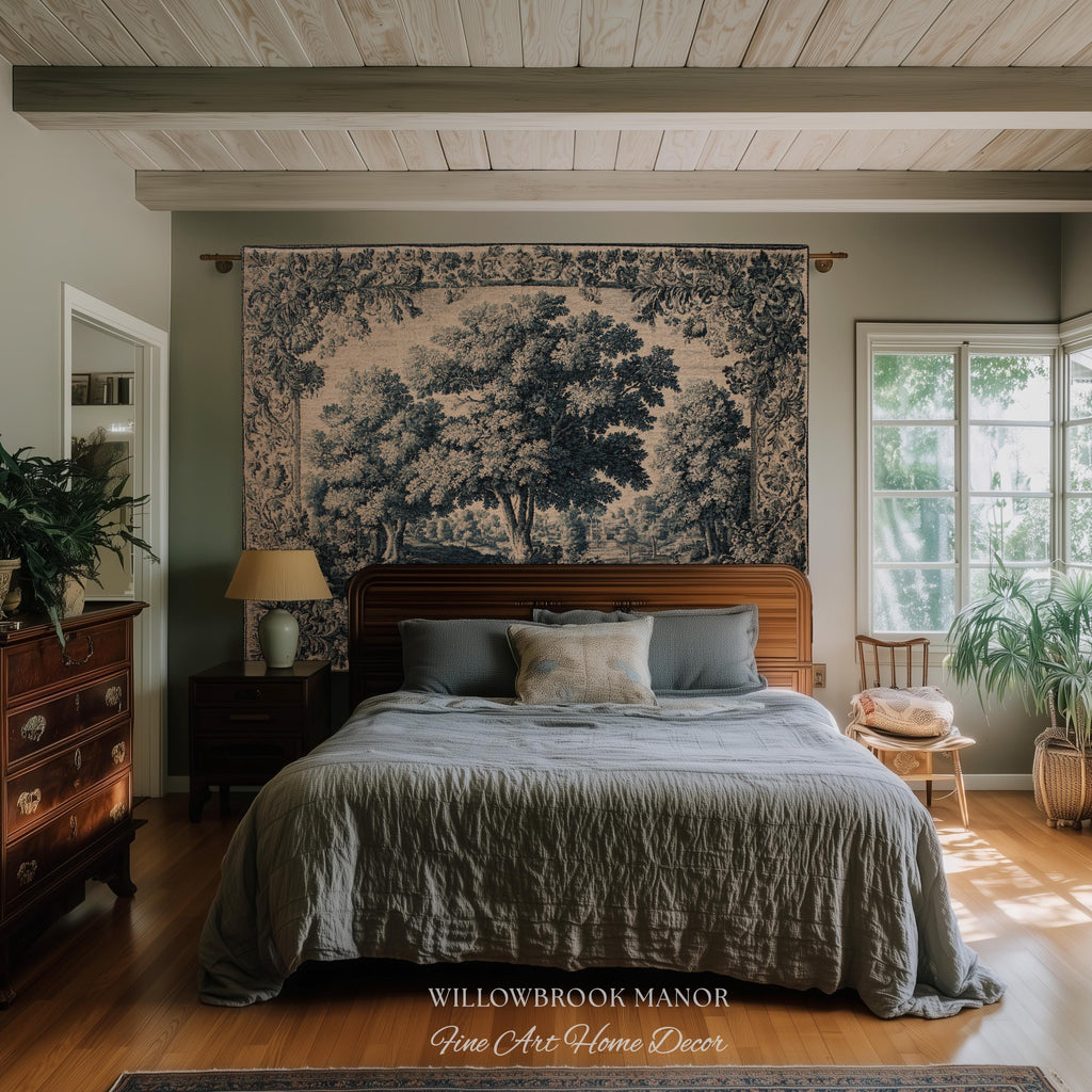 Muted Blue Verdure Woodland Forest Woven Wall Hanging | 17th Century French Country Decor Elegant Nature Art Tree Tapestry Old World Style