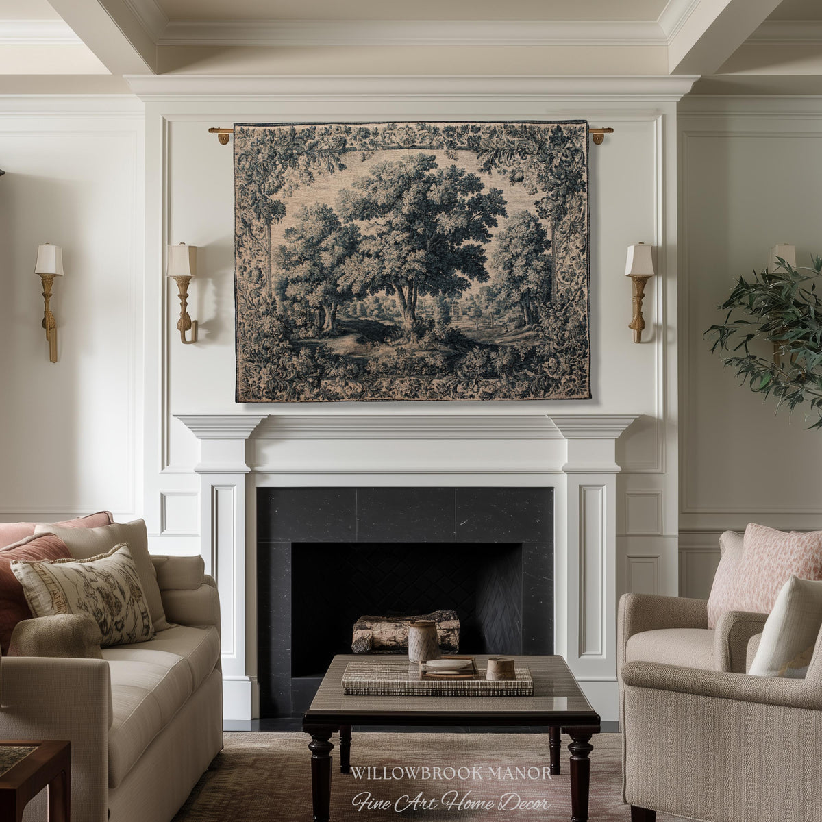 Muted Blue Verdure Woodland Forest Woven Wall Hanging | 17th Century French Country Decor Elegant Nature Art Tree Tapestry Old World Style