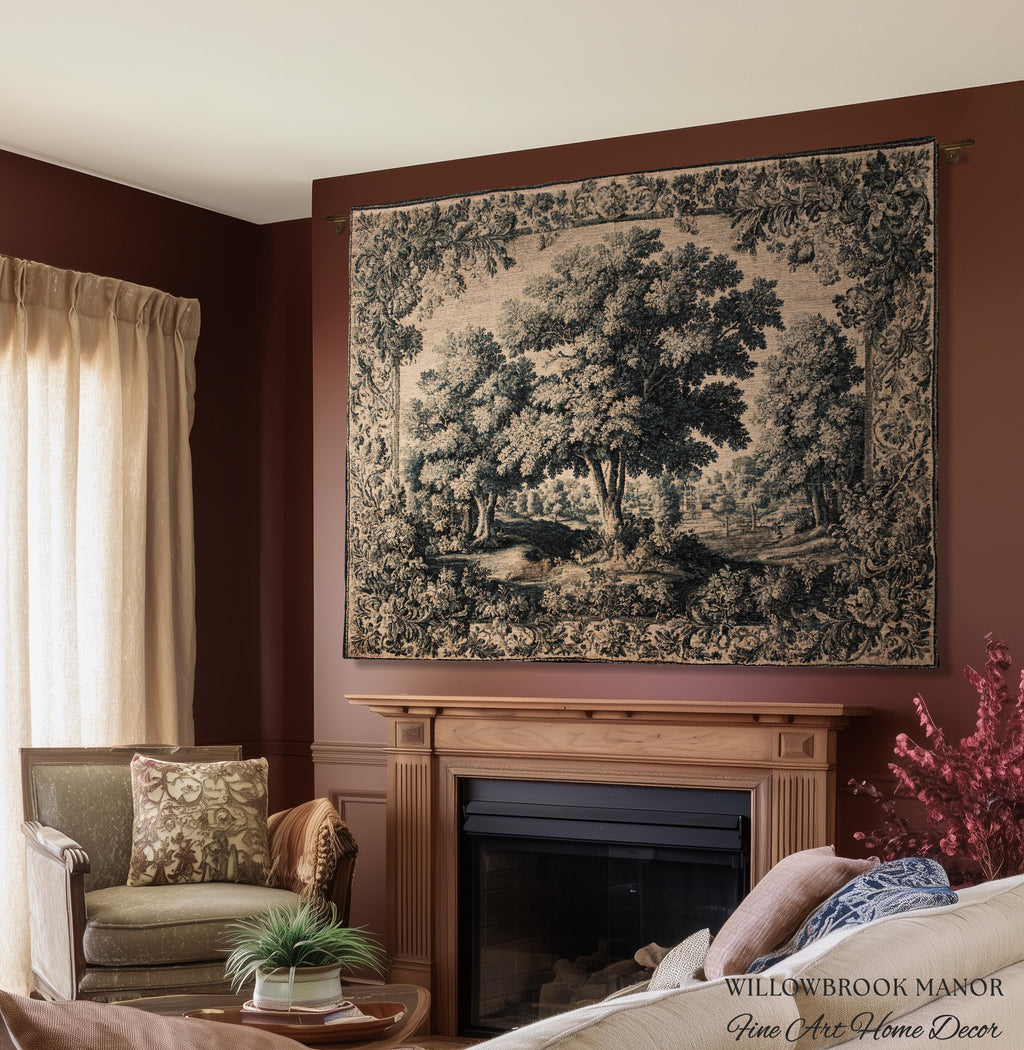 Muted Blue Verdure Woodland Forest Woven Wall Hanging | 17th Century French Country Decor Elegant Nature Art Tree Tapestry Old World Style