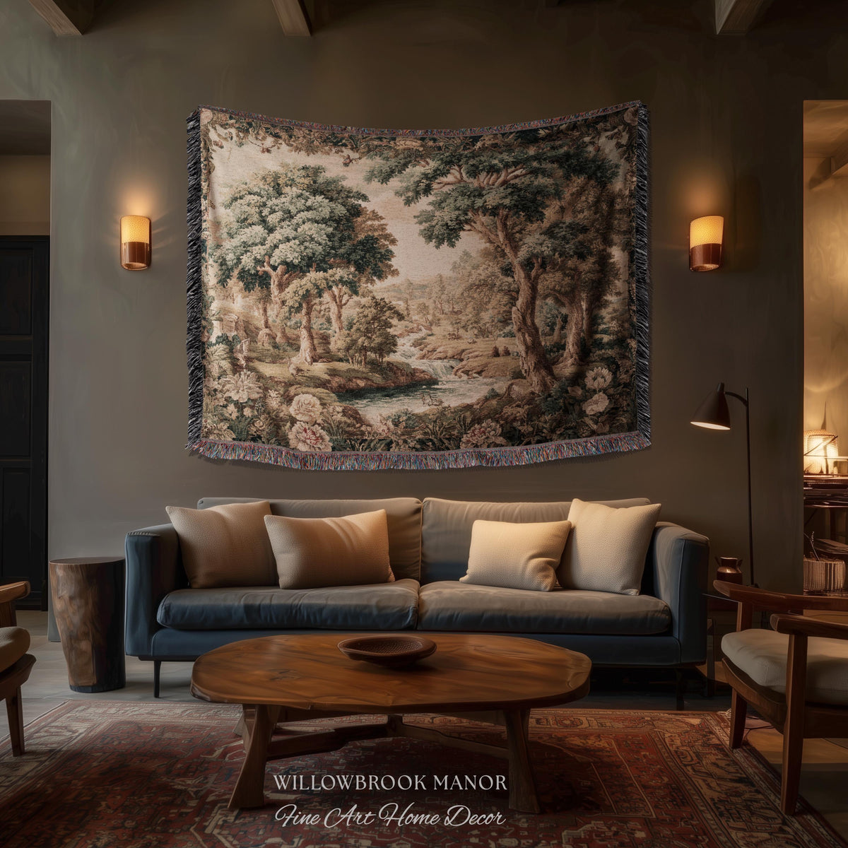 Pastoral Tapestry Scenic Countryside Verdure Aubusson Woven Textile Art | Woodland Whimsy Forest River Wall Art Romantic Landscape Decor