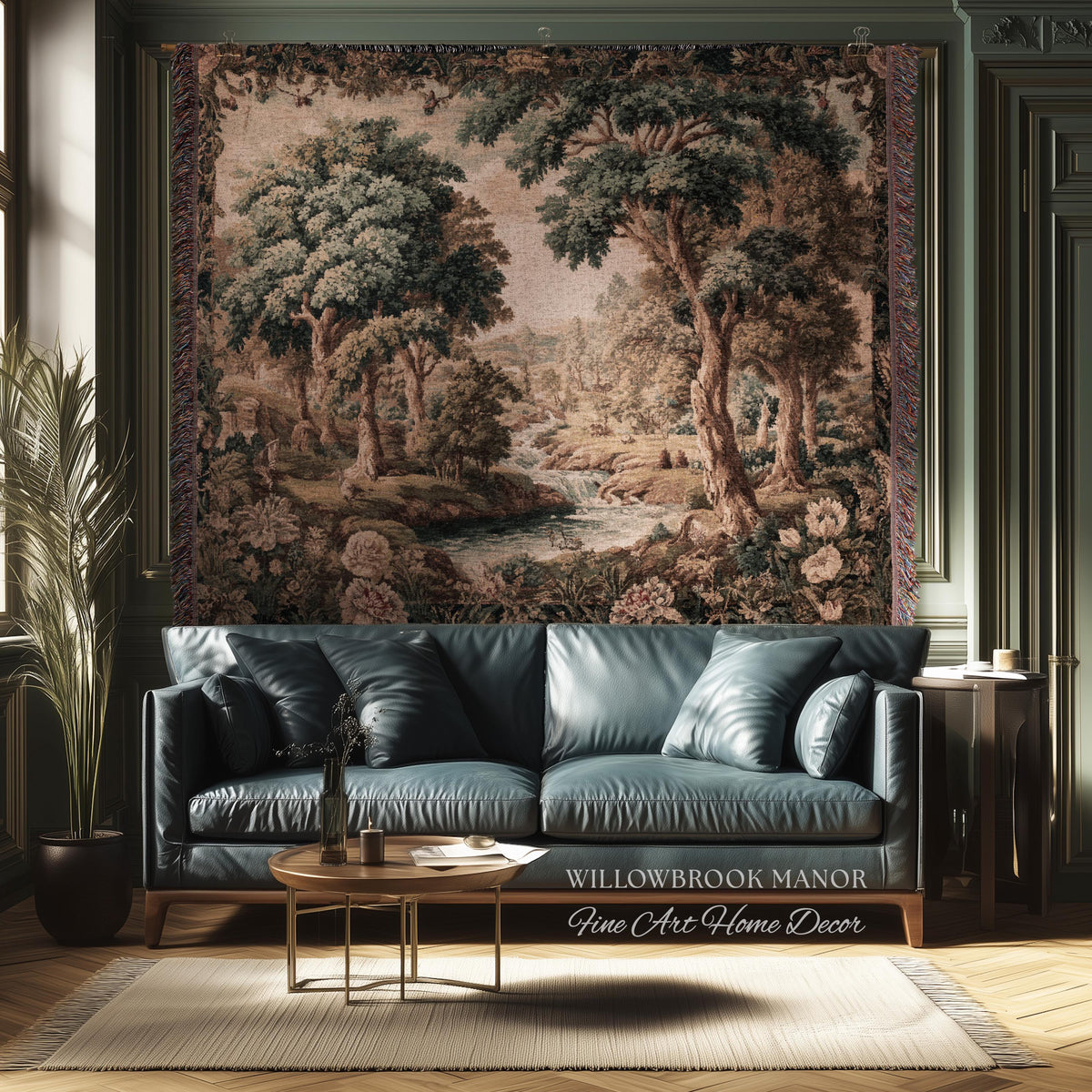 Pastoral Tapestry Scenic Countryside Verdure Aubusson Woven Textile Art | Woodland Whimsy Forest River Wall Art Romantic Landscape Decor