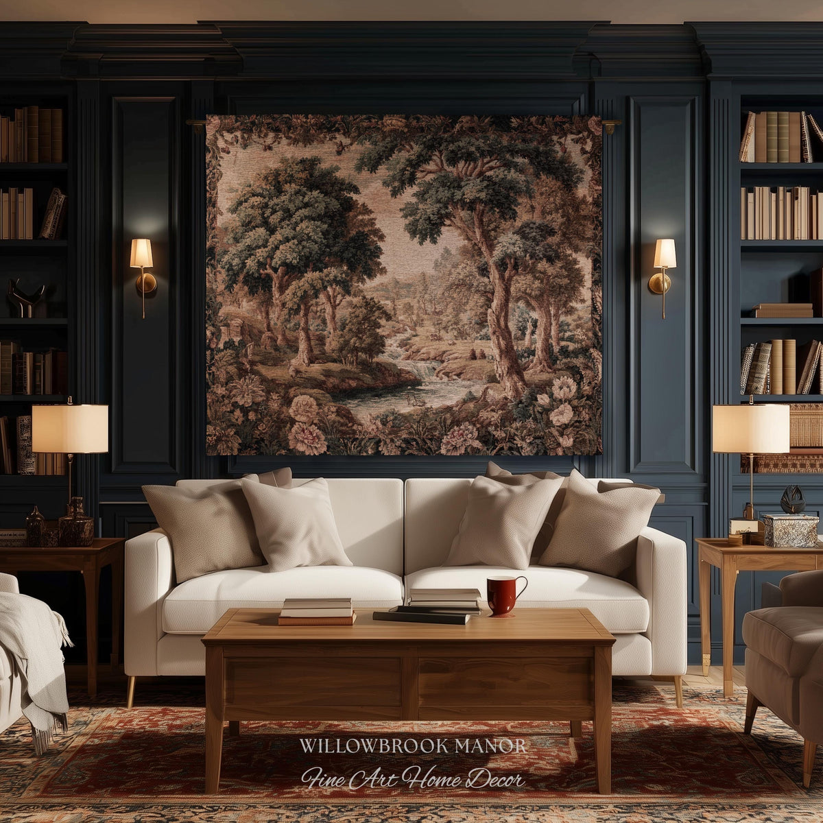 Pastoral Tapestry Scenic Countryside Verdure Aubusson Woven Textile Art | Woodland Whimsy Forest River Wall Art Romantic Landscape Decor
