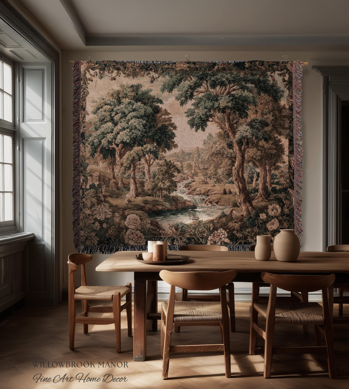 Pastoral Tapestry Scenic Countryside Verdure Aubusson Woven Textile Art | Woodland Whimsy Forest River Wall Art Romantic Landscape Decor