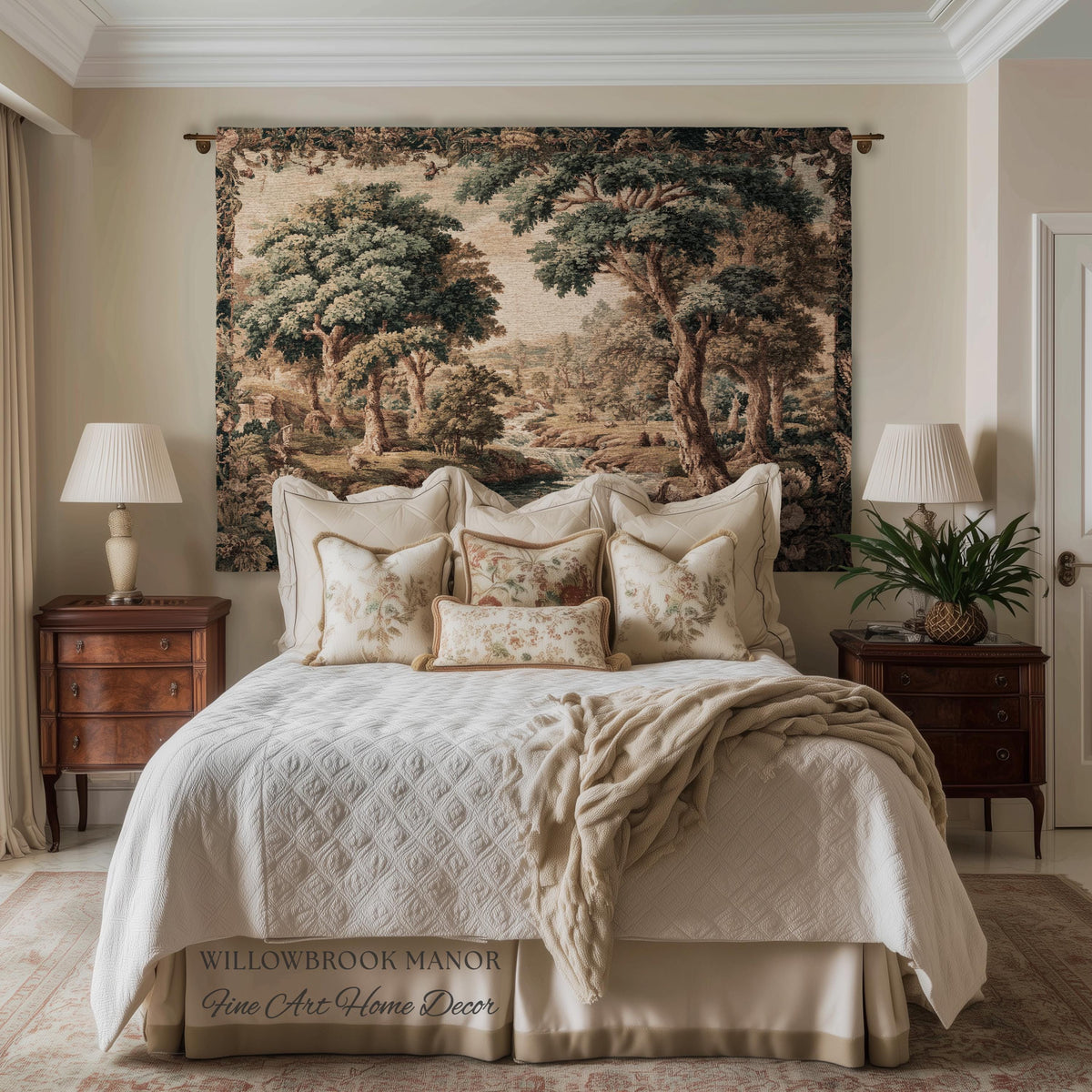 Pastoral Tapestry Scenic Countryside Verdure Aubusson Woven Textile Art | Woodland Whimsy Forest River Wall Art Romantic Landscape Decor