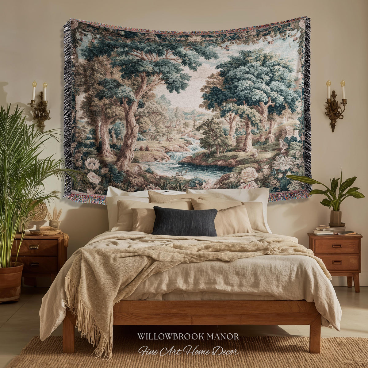 Classical European French Pastoral Scenery Aubusson Verdure Woven Tapestry Art | Floral Forest River Valley Landscape Antique Style Decor