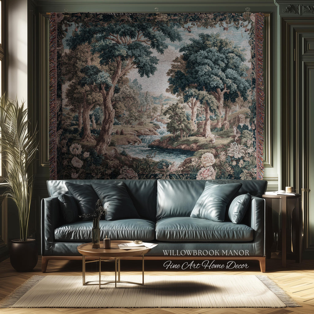 Classical European French Pastoral Scenery Aubusson Verdure Woven Tapestry Art | Floral Forest River Valley Landscape Antique Style Decor