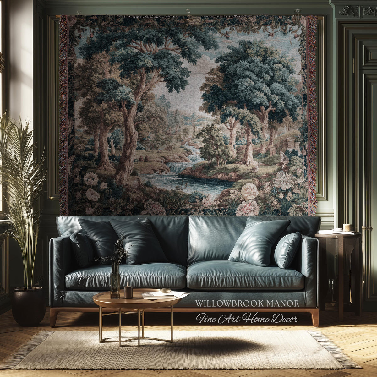 Classical European French Pastoral Scenery Aubusson Verdure Woven Tapestry Art | Floral Forest River Valley Landscape Antique Style Decor