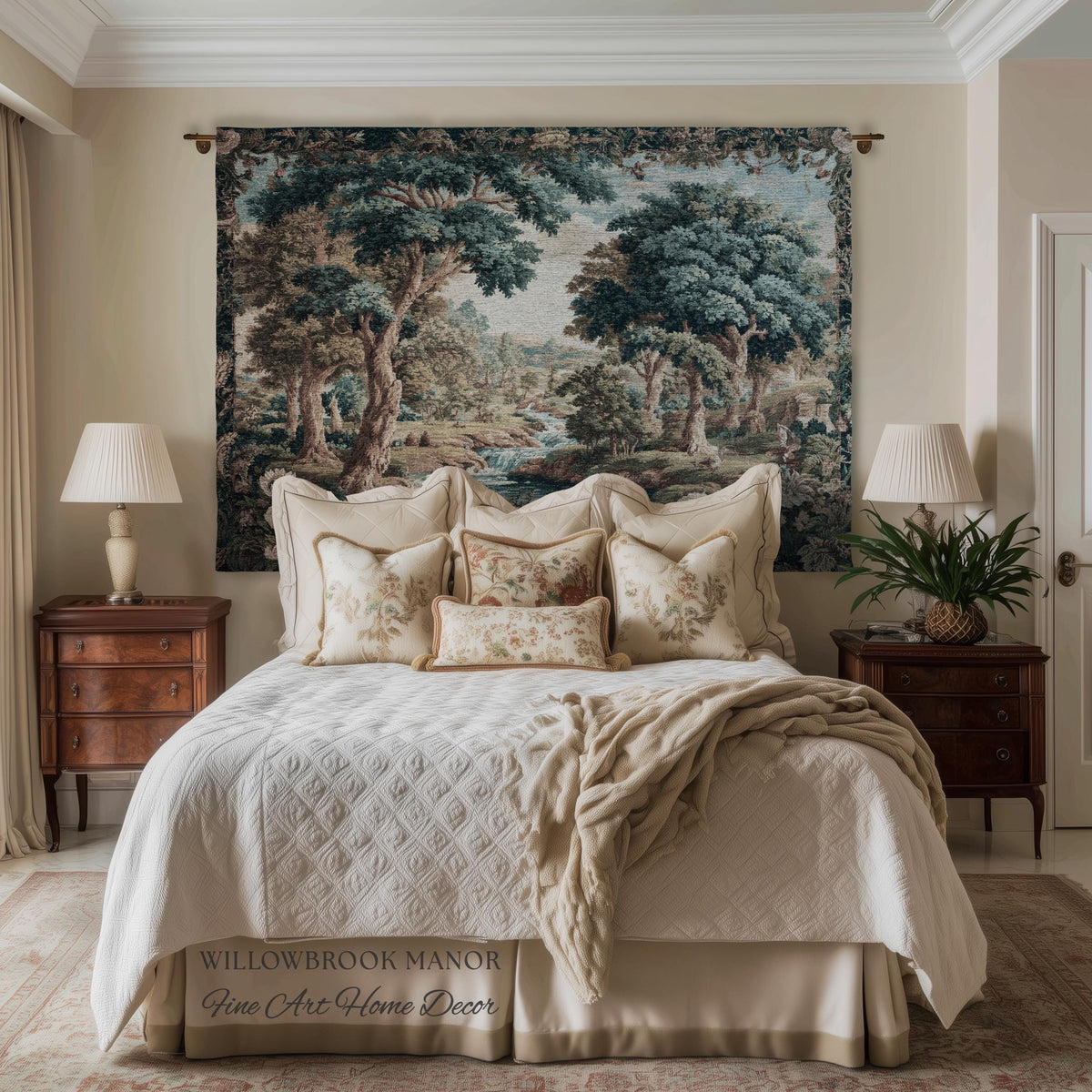 Classical European French Pastoral Scenery Aubusson Verdure Woven Tapestry Art | Floral Forest River Valley Landscape Antique Style Decor