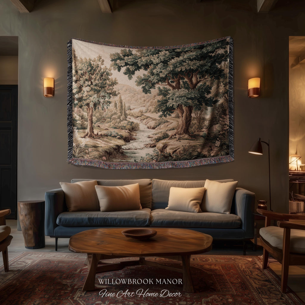Rolling Hills Italian Countryside Old World Tapestry Woven Blanket Throw | Classical Elegance Woodland Landscape Vintage Tuscan Hillside Art