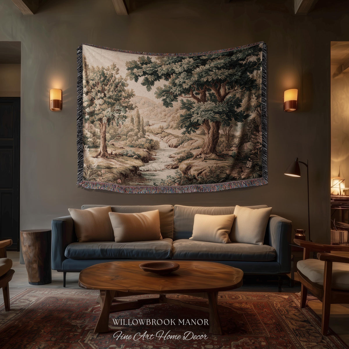 Rolling Hills Italian Countryside Old World Tapestry Woven Blanket Throw | Classical Elegance Woodland Landscape Vintage Tuscan Hillside Art