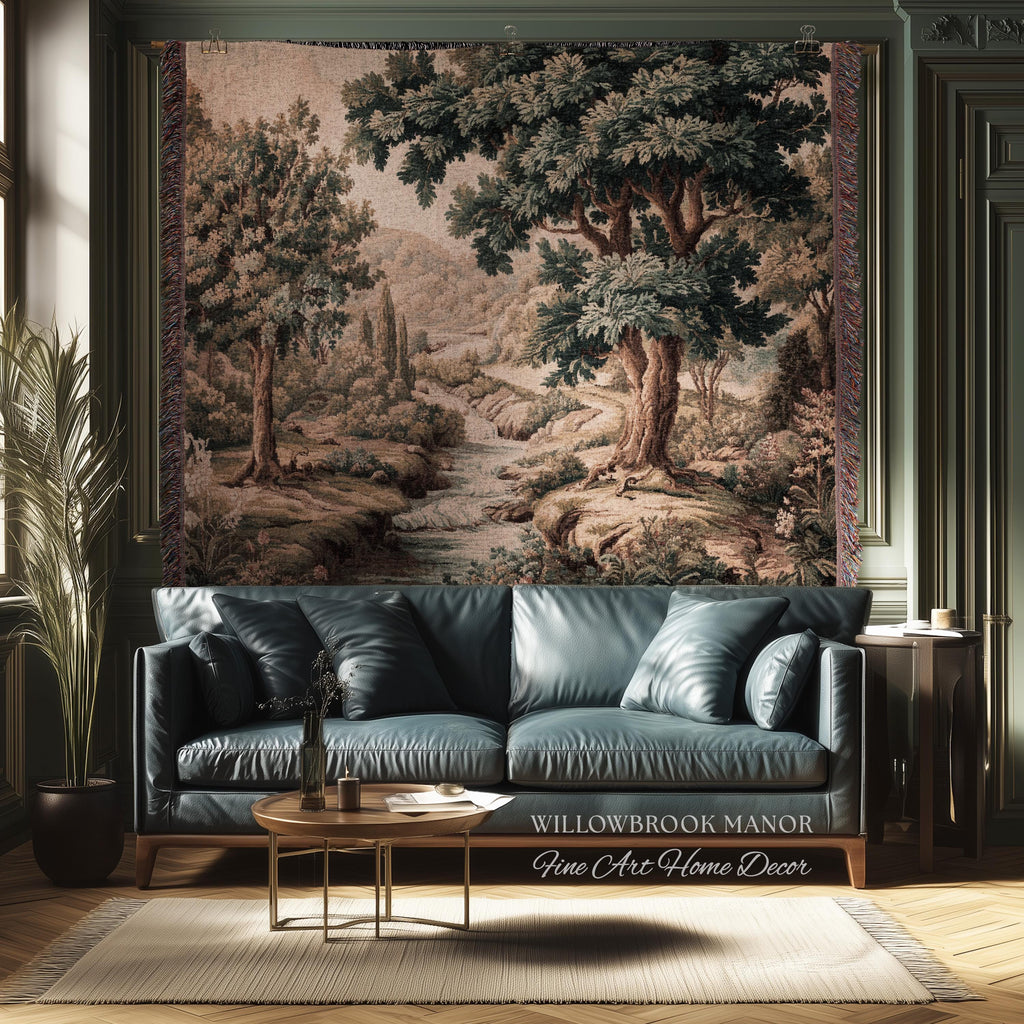 Rolling Hills Italian Countryside Old World Tapestry Woven Blanket Throw | Classical Elegance Woodland Landscape Vintage Tuscan Hillside Art
