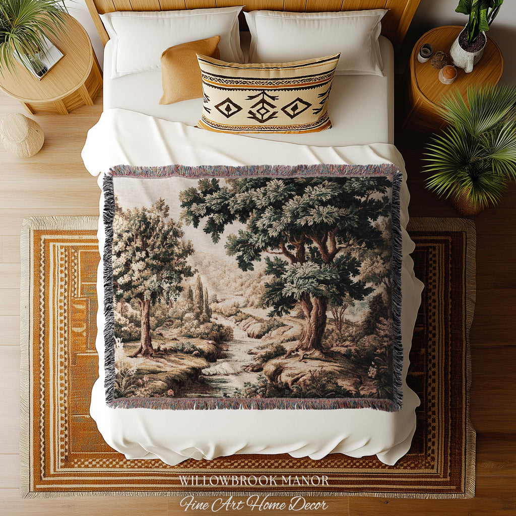 Rolling Hills Italian Countryside Old World Tapestry Woven Blanket Throw | Classical Elegance Woodland Landscape Vintage Tuscan Hillside Art