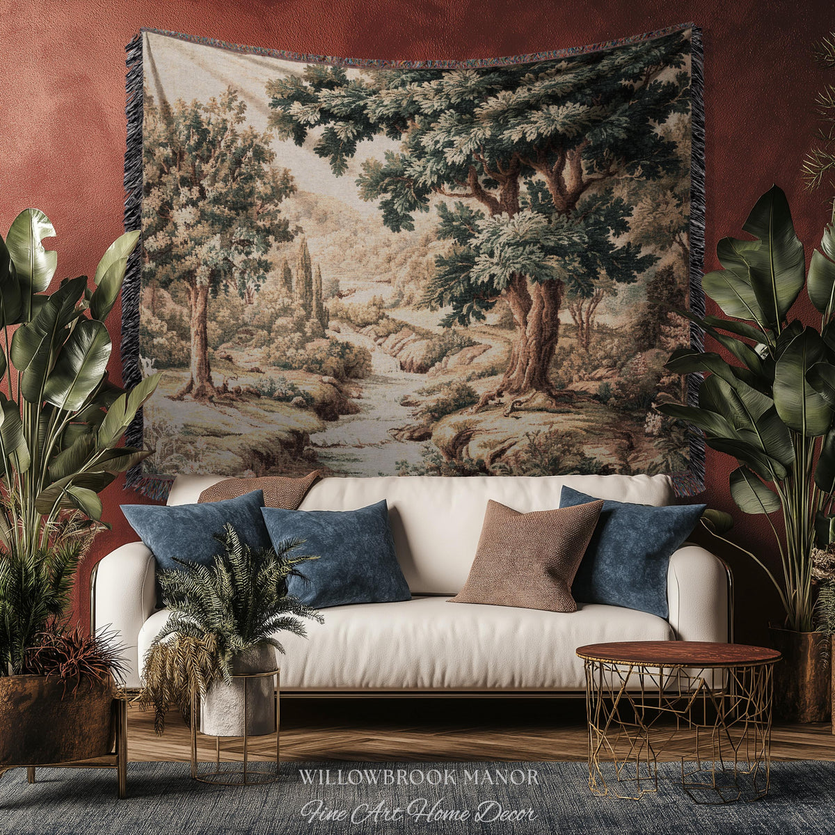 Rolling Hills Italian Countryside Old World Tapestry Woven Blanket Throw | Classical Elegance Woodland Landscape Vintage Tuscan Hillside Art