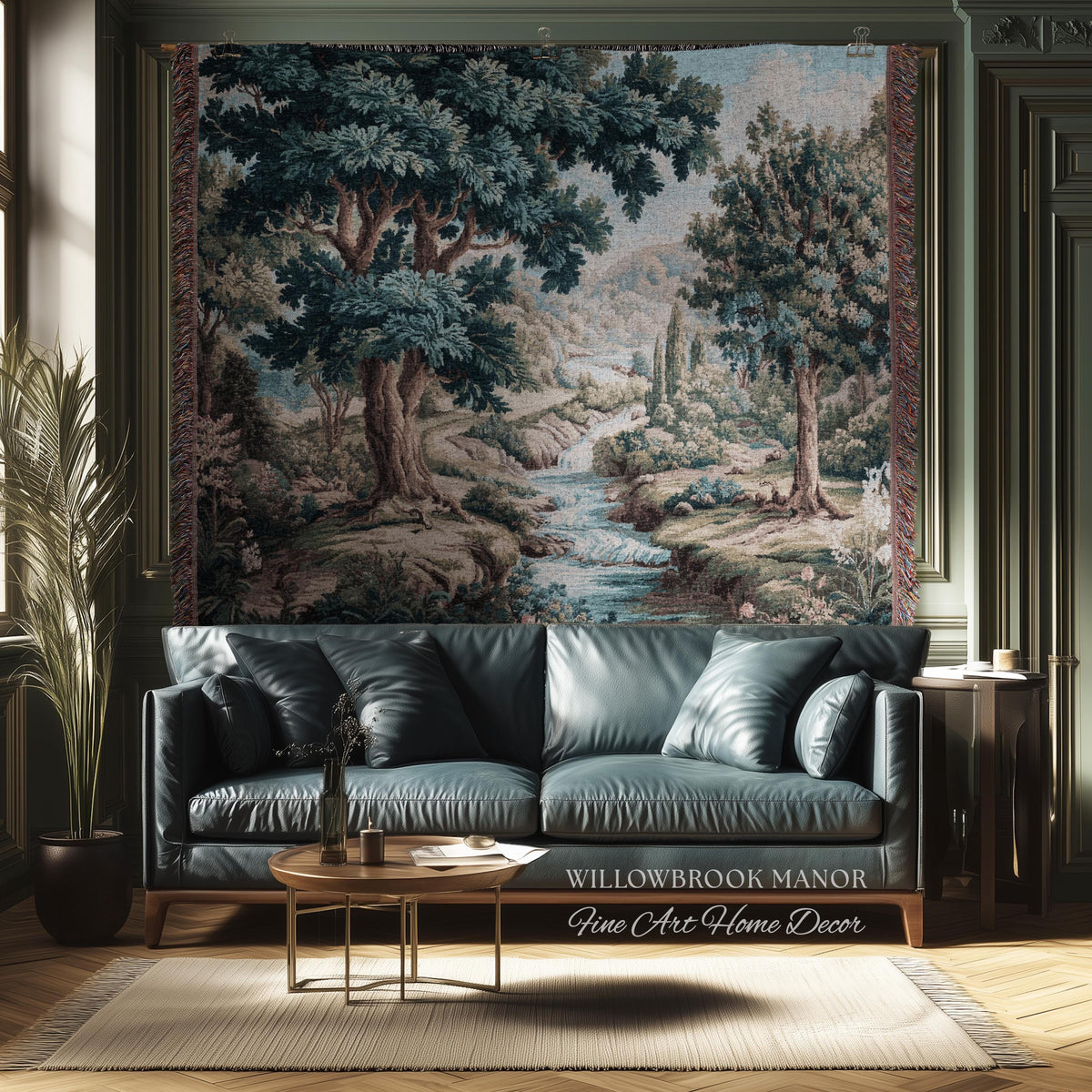 Woven Woodland Stream European Pastoral Verdure Tapestry Wall Art |Timeless Romantic Jacquard Weaving Throw Blanket Tranquil Countryside Art