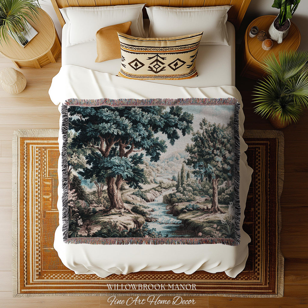 Woven Woodland Stream European Pastoral Verdure Tapestry Wall Art |Timeless Romantic Jacquard Weaving Throw Blanket Tranquil Countryside Art
