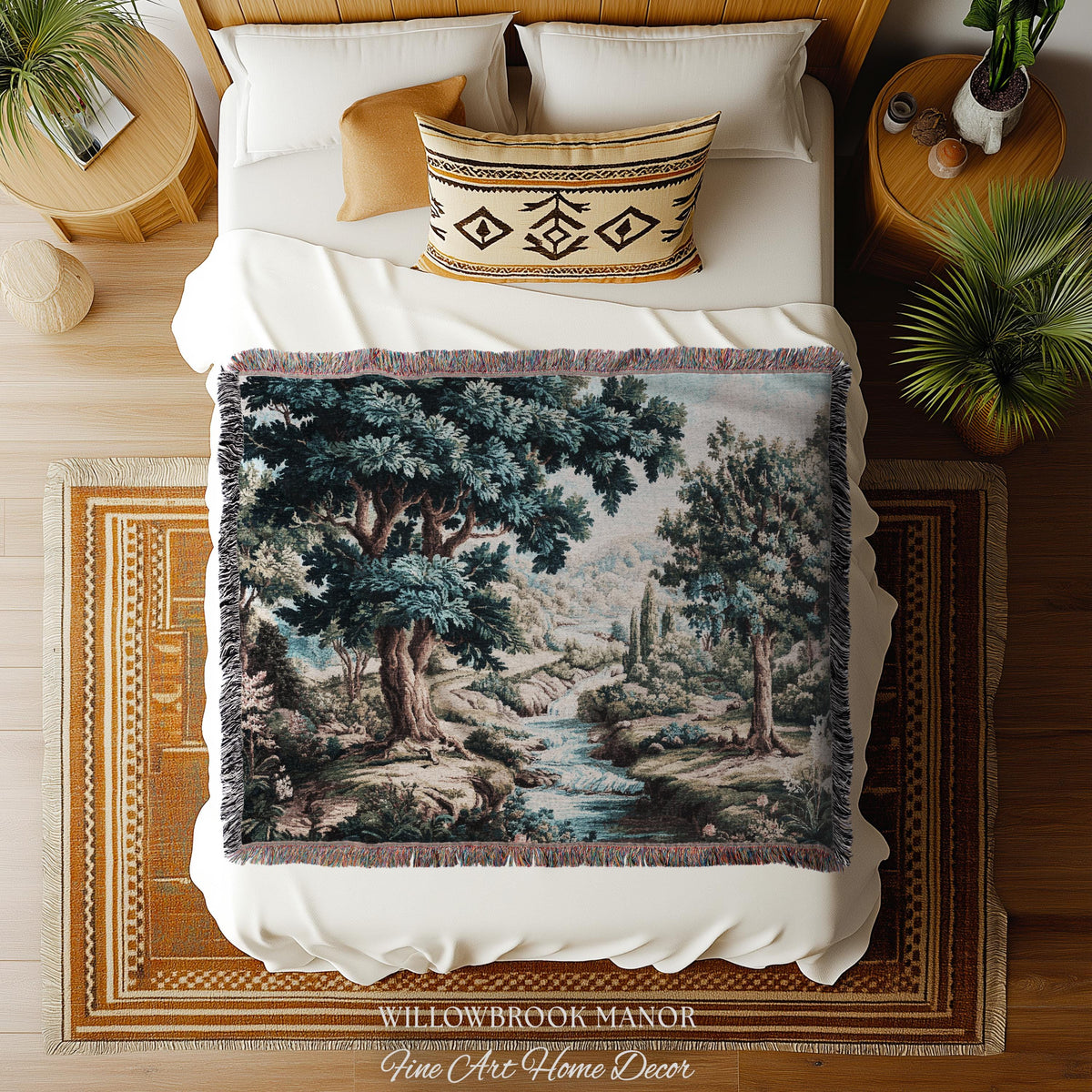 Woven Woodland Stream European Pastoral Verdure Tapestry Wall Art |Timeless Romantic Jacquard Weaving Throw Blanket Tranquil Countryside Art
