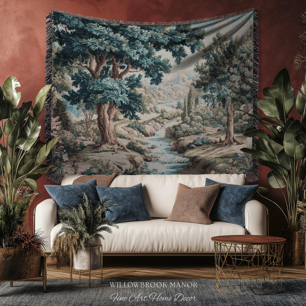 Woven Woodland Stream European Pastoral Verdure Tapestry Wall Art |Timeless Romantic Jacquard Weaving Throw Blanket Tranquil Countryside Art