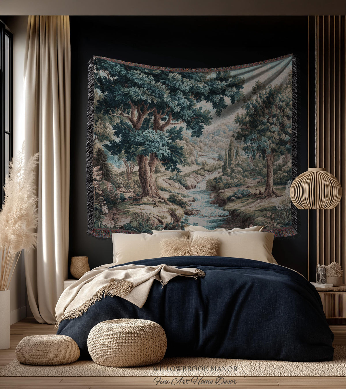 Woven Woodland Stream European Pastoral Verdure Tapestry Wall Art |Timeless Romantic Jacquard Weaving Throw Blanket Tranquil Countryside Art