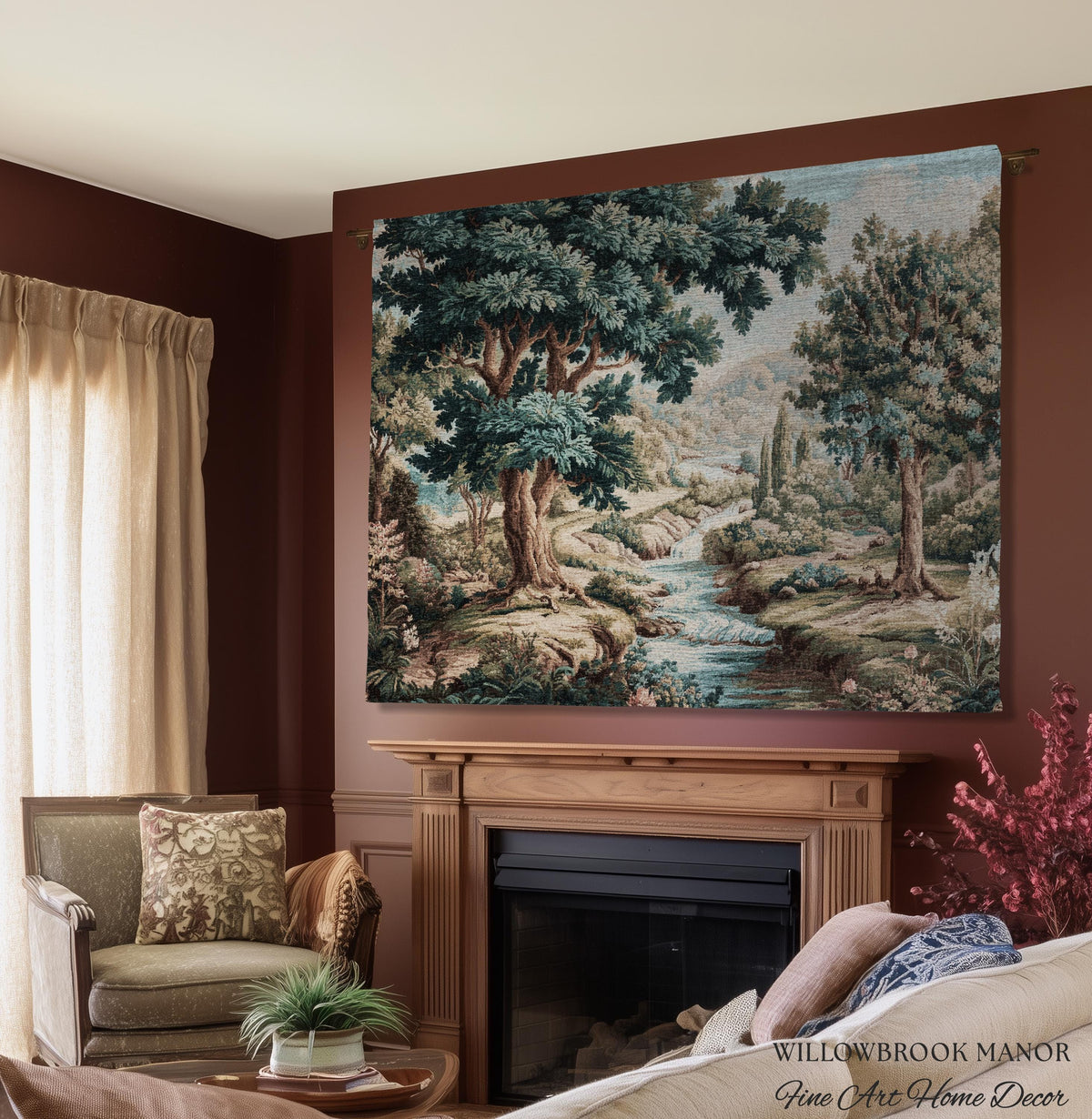 Woven Woodland Stream European Pastoral Verdure Tapestry Wall Art |Timeless Romantic Jacquard Weaving Throw Blanket Tranquil Countryside Art
